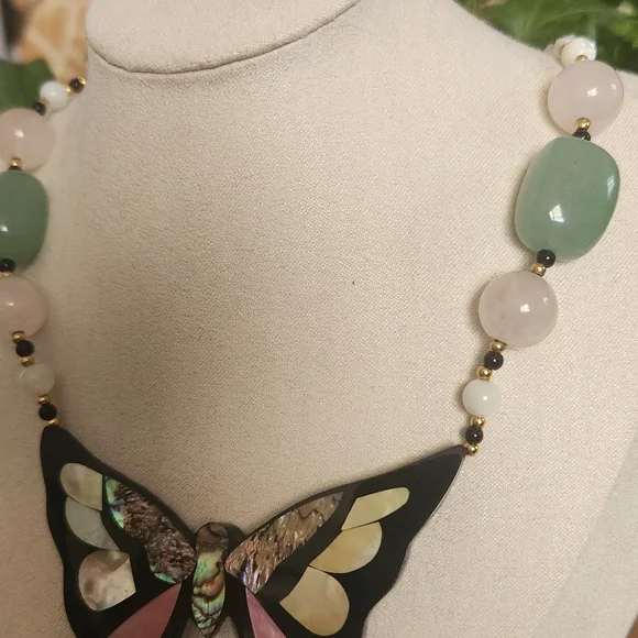 Lee Sands Vintage Inlay Elegant Butterfly Necklace with Pink and Green Accents - Picture 3 of 10